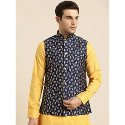 SOJANYA Men Navy Blue & Golden Embroidered Nehru Jacket-picture-32