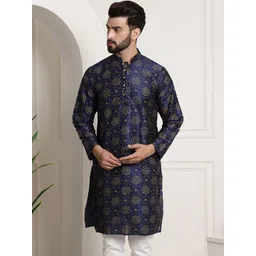 SOJANYA Men Navy Blue & Golden Ethnic Motifs Printed Indigo Kurta-picture-37