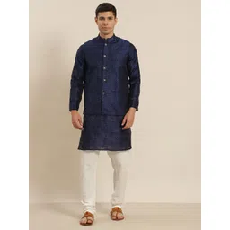 SOJANYA Men Navy Blue & Off-White Kurta with Churidar & Nehru Jacket-picture-24