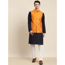 SOJANYA Men Navy Blue & Orange Kurta with Churidar & Nehru Jacket-picture-16