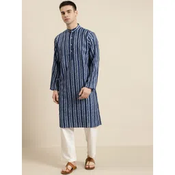 SOJANYA Men Navy Blue & White Pure Cotton Leheriya Printed Kurta-picture-42