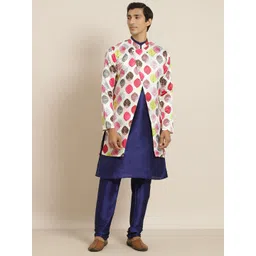 SOJANYA Men Navy Blue & White Solid Kurta with Churidar & Ethnic Printed Jacket-picture-28
