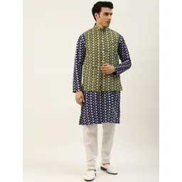 SOJANYA Men Navy Blue Chikankari Embroidered Kurta with Churidar & Nehru Jacket-picture-29
