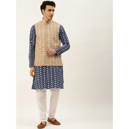 SOJANYA Men Navy Blue Chikankari Embroidered Kurta with Churidar & Nehru Jacket-picture-27