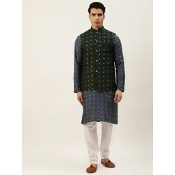 SOJANYA Men Navy Blue Ethnic Motifs Kurta with Churidar & Nehru Jacket-picture-31