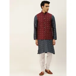 SOJANYA Men Navy Blue Ethnic Motifs Kurta with Churidar & Nehru Jacket-picture-30