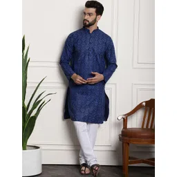 SOJANYA Men Navy Blue Ethnic Motifs Printed Kurta with Churidar-picture-22