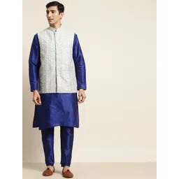 SOJANYA Men Navy Blue Kurta with Churidar & Nehru Jacket-picture-13