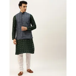 SOJANYA Men Navy Blue Self Design Kurta with Churidar & Nehru Jacket-picture-32