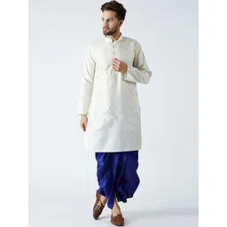 SOJANYA Men Off-White & Blue Self Design Kurta with Dhoti Pants-picture-12