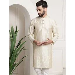 SOJANYA Men Off White & Golden Striped Straight Kurta-picture-38