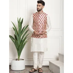 SOJANYA Men Off-White & Maroon Self Design Kurta with Churidar & Nehru Jacket-picture-29
