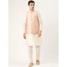 SOJANYA Men Off-White & Pink Solid Kurta & Churidar with Woven Design Nehru Jacket-picture-38