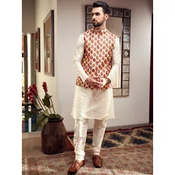 SOJANYA Men Off-White & Red Solid Kurta Set with Nehru Jacket-picture-29