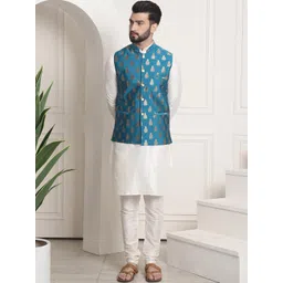 SOJANYA Men Off-White & Teal Blue Solid Kurta with Churidar & Nehru Jacket-picture-37