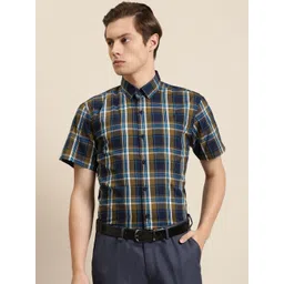 SOJANYA Men Olive Green & Navy Blue Pure Cotton Regular Fit Checked Formal Shirt-picture-31