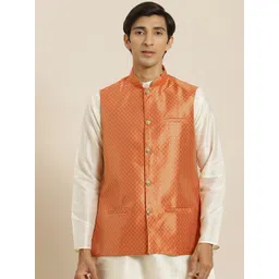 SOJANYA Men Orange & Golden Self Design Nehru Jacket-picture-32