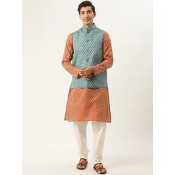 SOJANYA Men Orange & Teal Blue Ethnic Motifs Kurta with Churidar & Nehru Jacket-picture-34