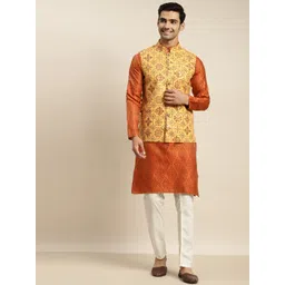 SOJANYA Men Orange Ethnic Motifs Kurta with Churidar & Nehru Jacket-picture-40