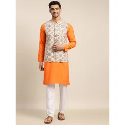 SOJANYA Men Orange Pure Cotton Kurta with Churidar & Nehru Jacket-picture-36