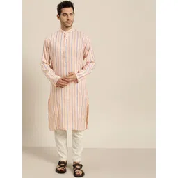 SOJANYA Men Peach-Coloured & Blue Striped Pure Cotton Kurta-picture-40