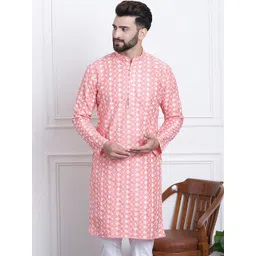 SOJANYA Men Peach-Coloured & White Embroidered Kurta-picture-29