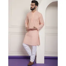 SOJANYA Men Peach-Coloured & White Embroidered Kurta with Churidar-picture-41