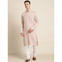 SOJANYA Men Peach-Coloured & White Striped Cotton Kurta with Churidar-picture-35