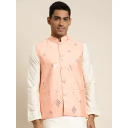 SOJANYA Men Peach Mirror Work Nehru Jacket-picture-12