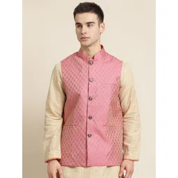 Sojanya Men Pink and Beige Woven Design Jacquard Silk Nehru Jacket-picture-19
