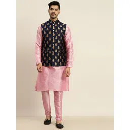 SOJANYA Men Pink & Navy Blue Solid Kurta with Churidar & Woven Design Nehru Jacket-picture-36