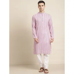SOJANYA Men Pink & White Striped Cotton Kurta with Churidar-picture-14