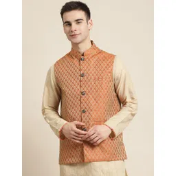 SOJANYA Men Rust Orange & Golden Woven Design Jacquard Silk Nehru-picture-36