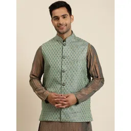 Sojanya Men Sea Green and Golden Woven Design Jacquard Silk Nehru Jacket-picture-13