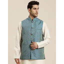 SOJANYA Men Teal Blue & Beige Woven Design Jacquard Nehru Jacket-picture-18