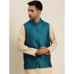 Sojanya Men Teal Blue & Charcoal Grey Jacquard Woven Design Silk Nehru Jacket-picture-18