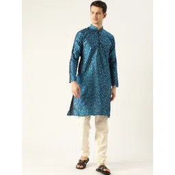 SOJANYA Men Teal Blue & Off-White Woven Design Kurta with Churidar-picture-37