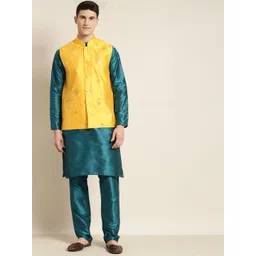 SOJANYA Men Teal Green & Yellow Kurta with Churidar & Nehru Jacket-picture-25