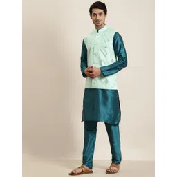 SOJANYA Men Teal Green Silk Cotton Kurta with Churidar & Nehru Jacket-picture-36