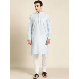 SOJANYA Men Turquoise Blue & White Striped Kurta with Churidar-picture-17
