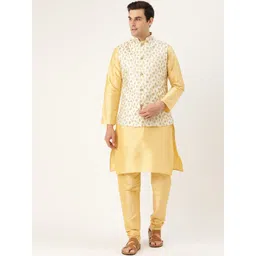 SOJANYA Men Yellow & Off-White Self-Design Kurta with Churidar with Nehru Jacket-picture-18