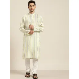 SOJANYA Men Yellow & White Striped Pure Cotton Kurta with Churidar-picture-28