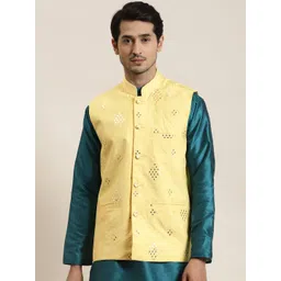 SOJANYA Men Yellow Mirror Work Nehru Jacket-picture-36