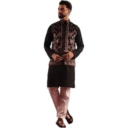 sojanya Men's Cotton Blend Black Kurta & White Pyjama With Velvet Paisley Design Nehru Jacket-picture-38