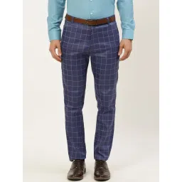 Sojanya Navy Cotton Regular Slim Fit Checks Flat Front Trousers-picture-12