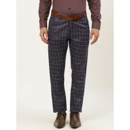 Sojanya Navy Cotton Regular Slim Fit Checks Flat Front Trousers-picture-22