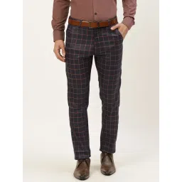 Sojanya Navy Cotton Regular Slim Fit Checks Flat Front Trousers image 1