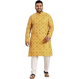 sojanya PLUS (Since 1958) Men's Cotton Linen Yellow and Multi Printed Kurta and White Pyjama Set-picture-13