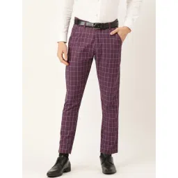 Sojanya Purple Cotton Regular Slim Fit Checks Flat Front Trousers-picture-37