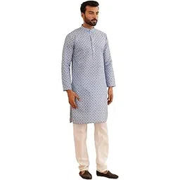 sojanya (Since 1958 Men's Cotton Linen Blue Foil Printed Kurta and White Pyjama Set-picture-28